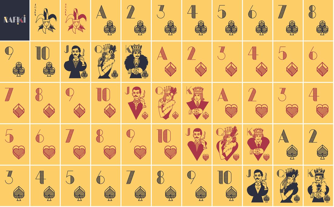 All 55 Rafiki card designs: the back, two Jokers and the four suits